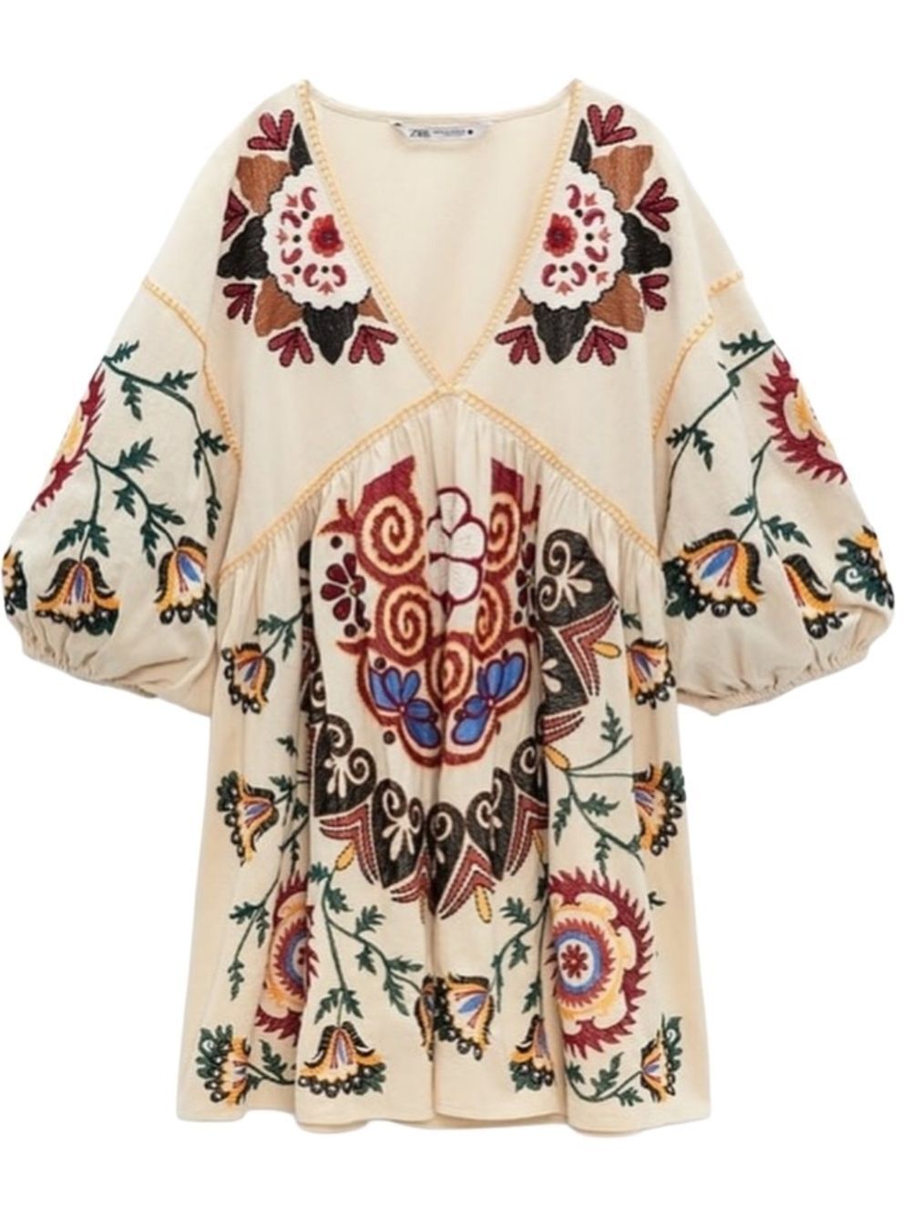 Zara Womens Beige Romey Linen Blend Boho Floral Embroidery Tunic Dress Medium